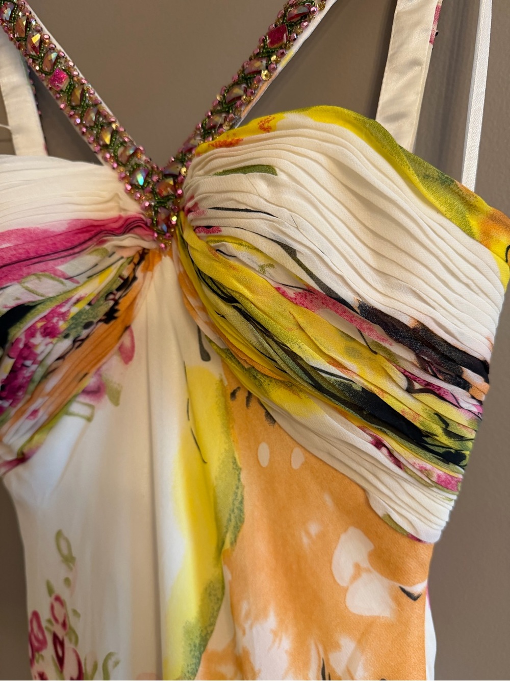 Faviana Y2K Jeweled V-Neck Floral Maxi Dress in White, Pink & Yellow - Picture 5 of 11